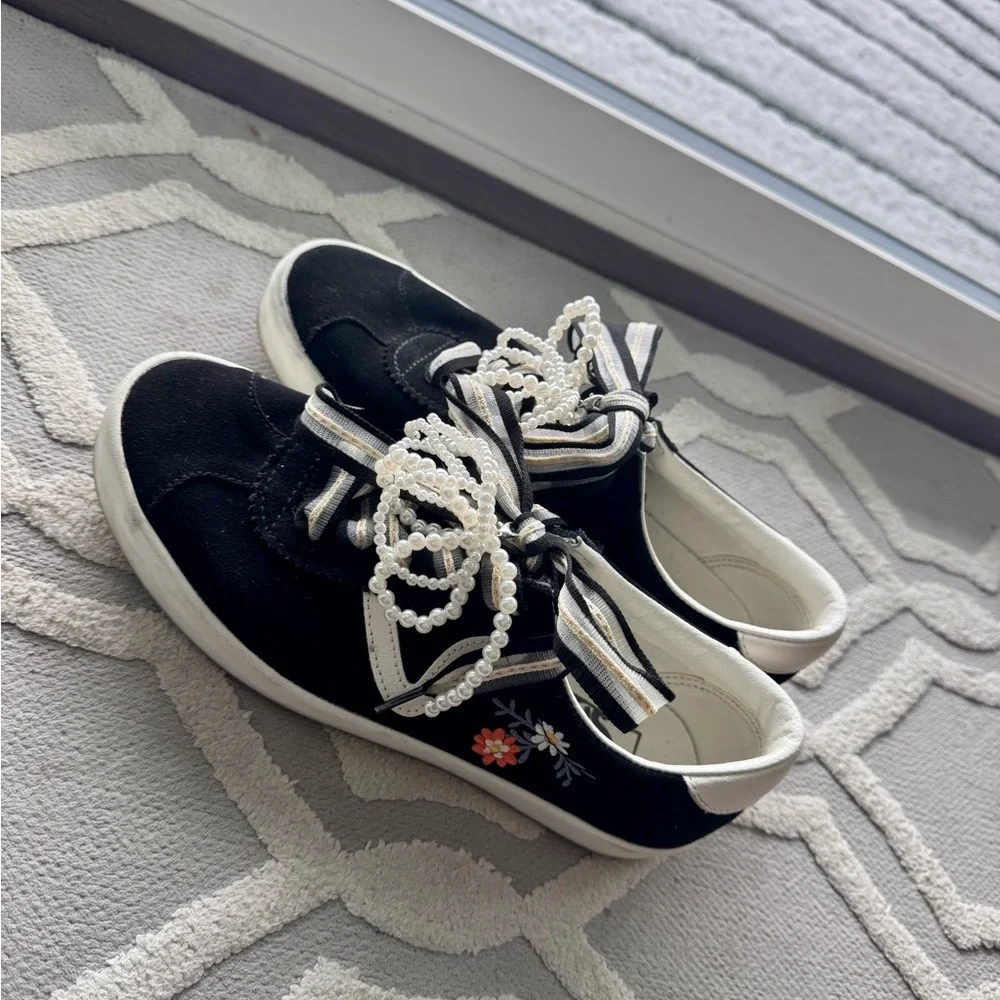 Vans Suede Floral Embroidered Sneakers Boho Pearl Lace Womens 9.5